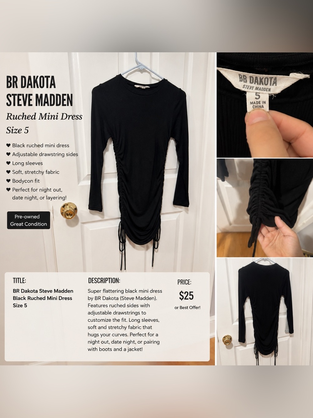 BB Dakota by Steve Madden Black Ruched Mini Dress | Size Small